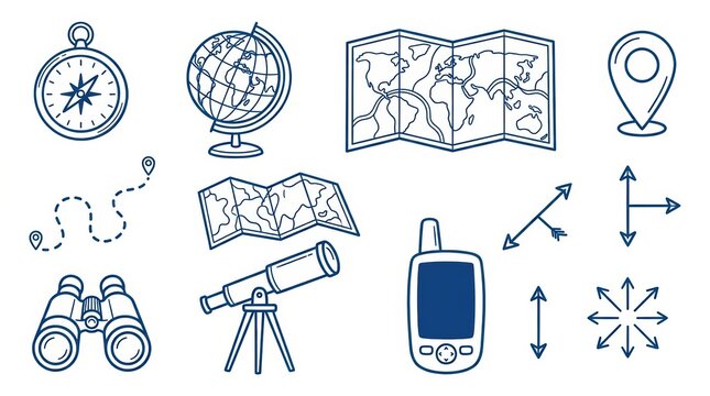 Set of navigation and travel icons isolated on white background