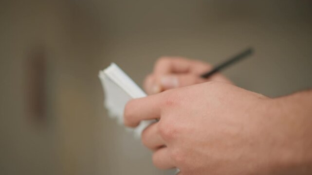 Close up of hands holding small notebook and pen writing or poised to write. Notebook pages are white with visible texture details like spiral binding edge. Background is softly blurred