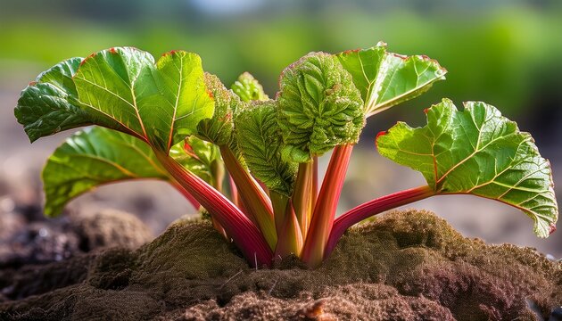 Close Up Of The New Rhubarb Rheum Rhabarbarum Shoots Emerging From The Base Of The Plant