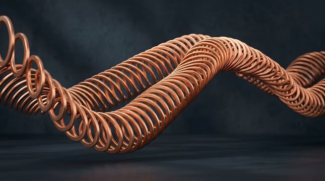 Copper wire coils forming abstract wave structure against dark textured background.