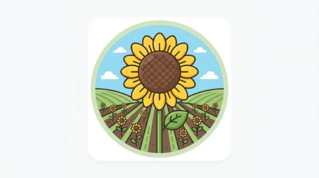 Pixel art sunflower in a sunny field landscape circular badge icon