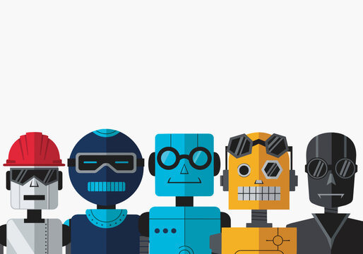 Diverse group of cartoon robots with colorful designs and various accessories, isolated on transparent alpha, perfect for technology concepts, futuristic themes and automation illustrations.