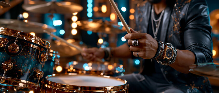 A close-up view of a drummer playing a drum set with gold hardware against a blurred background of warm lights.