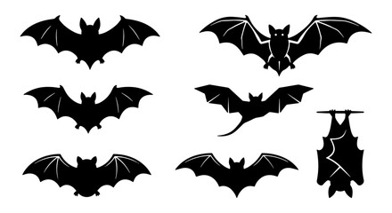 Fototapeta premium Vector Bat Silhouettes Collection, Halloween Night Creatures, Flying Mammals, Spooky Icons for Holiday Design