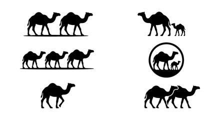 Fototapeta premium Camel Silhouettes Collection, Desert Caravan Icons, Wildlife Vector Graphics, Animal Family Logos, Travel Symbols, Safari Adventure Elements