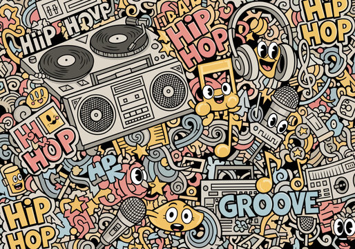 Retro boombox, turntable, microphones and musical notes with cartoon characters, seamless pattern, ideal for music promotion, dj events and urban art.