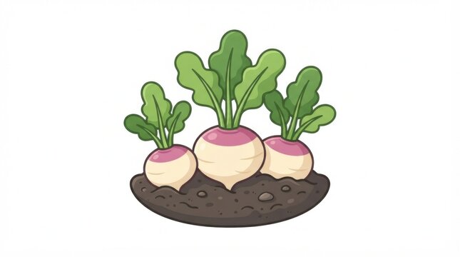Fresh turnip vegetables growing in a patch of brown garden soil