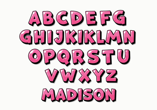 Vibrant pink glossy 3D alphabet letters and the word MADISON, isolated on transparent background, concept for graphic design, children's products and creative writing.