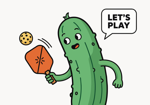 Whimsical cartoon pickle playing pickleball with a paddle and ball, isolated on transparent alpha background, perfect for sports promotions, healthy lifestyle marketing and playful advertising.