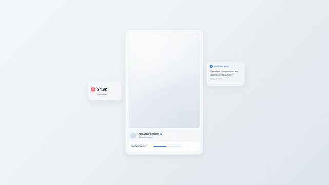 A bright and modern digital dashboard animation featuring a clean, light-themed glassmorphism (frosted glass) social media interface. The primary central frame displays a "CREATOR STUDIO" profile for 