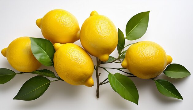 Isolated Yellow Lemons On A Twig With Leaves Group Of Ripe Citrus Fruit For Lemonade