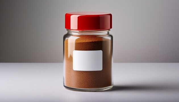 A Small Glass Jar With A Red Lid And White Label Containing Brown Spice On A Plain Background