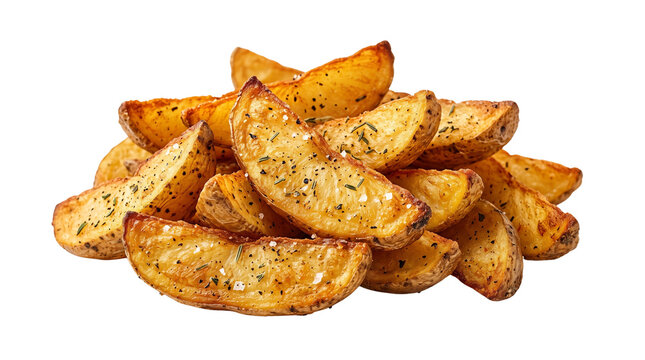 Crispy roasted potato wedges with herbs, golden fried potato skins on white background, seasoned savory snack food