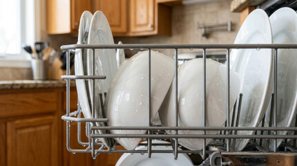 Fototapeta premium Clean Dishes in Dishwasher Rack with Water Droplets