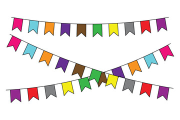 Obraz premium Set of different Colorful party flag. Garland of small flags for party decoration - decorative elements. coloring different shape confetti flags. Vector illustration
