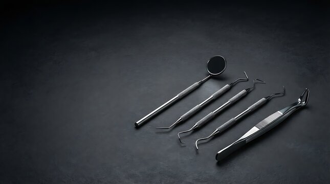 Stainless steel dental examination tools arranged neatly on a dark textured surface creating professional medical equipment set for oral care