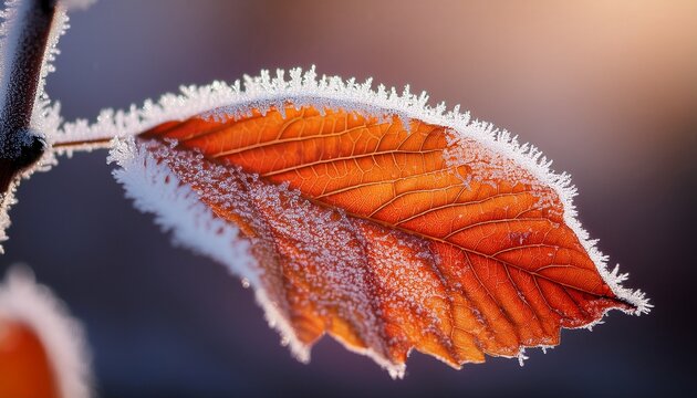 Autumn Leaf Macro Covered With Frost And Snow