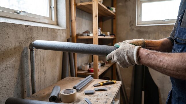 Worker installing foam insulation around household water pipe to reduce heat loss improve energy efficiency and protect plumbing during cold weather