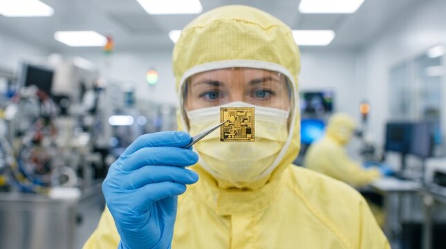 Scientist in protective suit holds microchip in cleanroom laboratory environment.