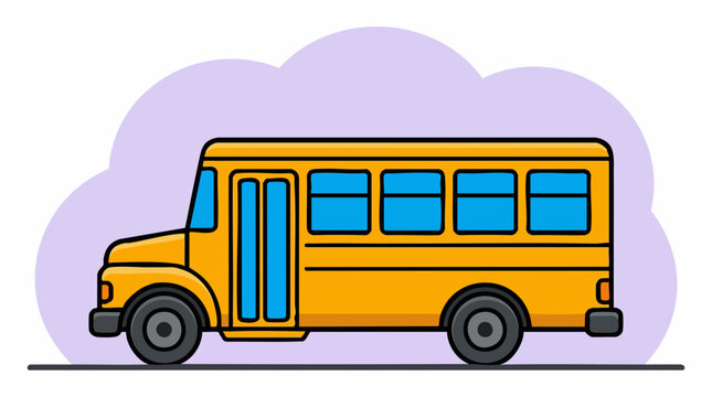 Simple vector cartoon illustration of a yellow school bus with blue windows