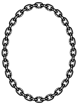 This image shows an oval-shaped frame made of interlaced iron chains, with an empty space in the center.