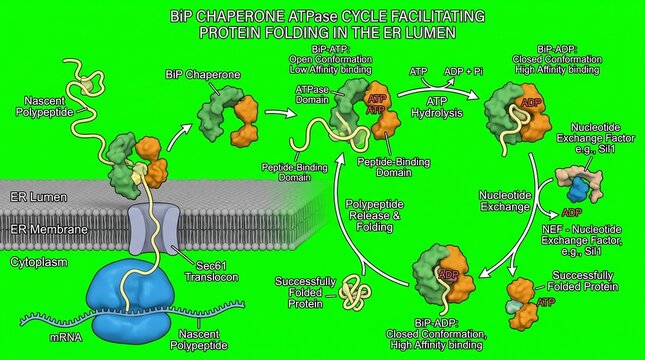 BiP chaperone protein binding cycle diagram showing polypeptide translocation and folding