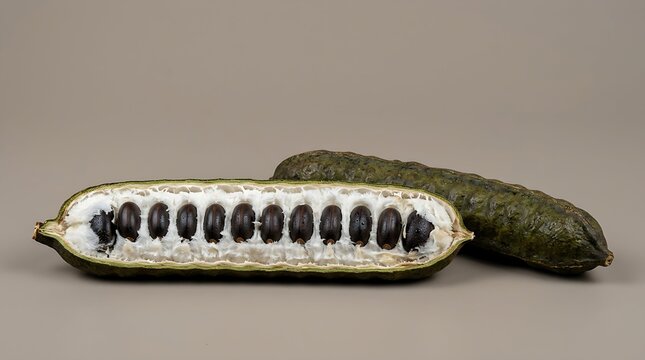 Split open green ice cream bean pod revealing rows of shiny black seeds embedded in fluffy white sweet edible pulp