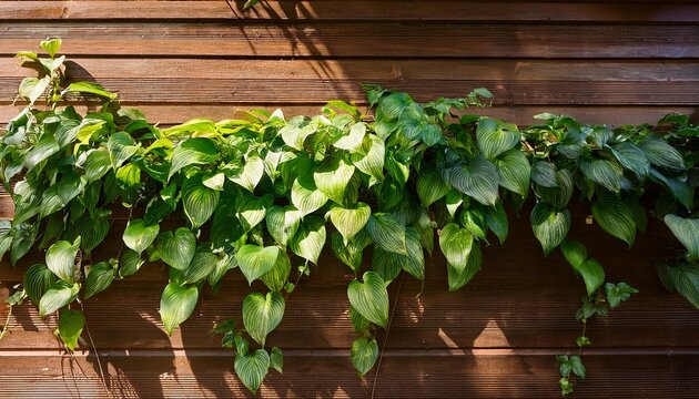 Trailing Pothos Plants Cascading Down A Rustic Wooden Wall Under Dappled Sunlight