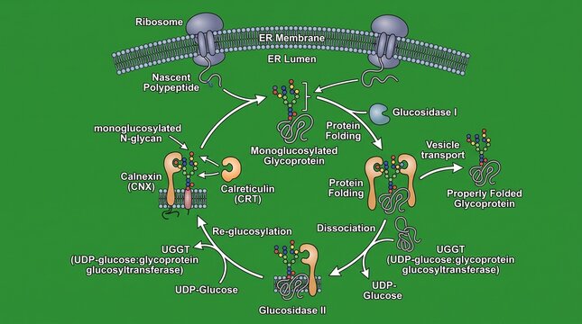 Calnexin cycle diagram showing protein folding and quality control in the endoplasmic reticulum