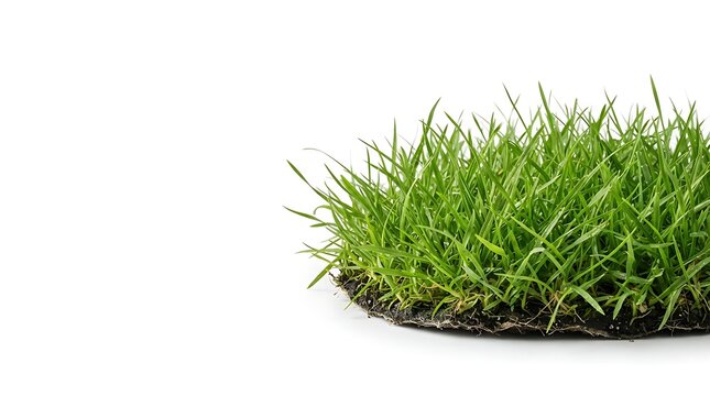Lush green grass patch with visible soil roots isolated on a clean white background captured with sharp studio quality lighting