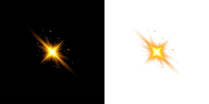Bright golden glowing star light effect isolated on transparent background