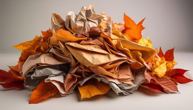 Pile Of Crumpled Textured Paper In Autumn Colors On A Neutral Background