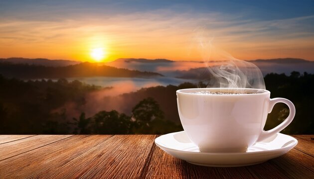 Steaming Coffee Cup On Wooden Table With Sunrise Landscape Background