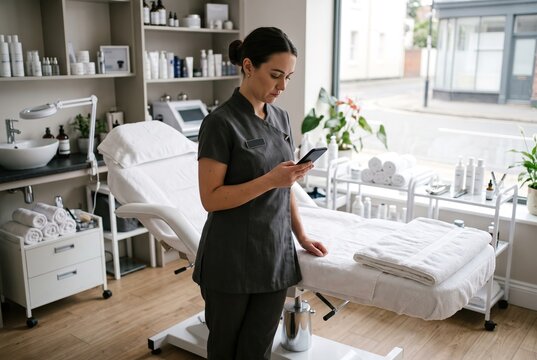 A woman in a gray uniform stands in a spa, looking at her phone. The spa has a clean setup with products on shelves, and a treatment bed is prepared nearby