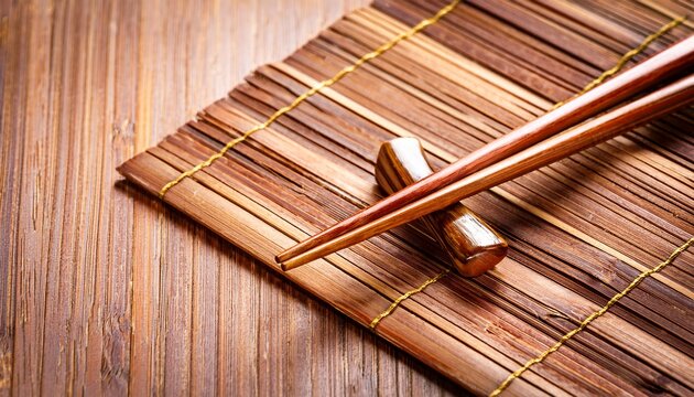 Two Wooden Chopsticks On A Bamboo Mat
