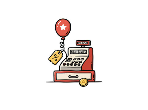 Cash Register With Price Tag Balloon And Coin Cartoon Vector Illustration