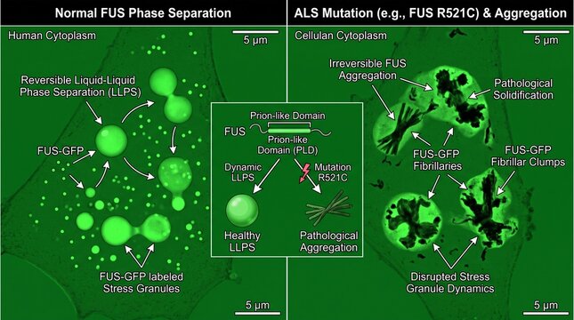 FUS protein phase separation and ALS mutation aggregation diagram for medical research