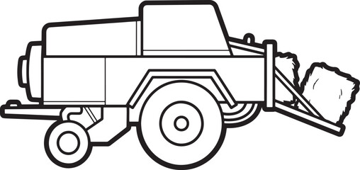 Fototapeta premium Black and white coloring page of a farm agricultural baler machine producing rectangular hay bales in the field also transparent background