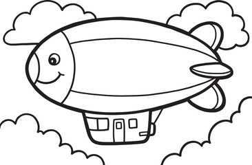 Black and white line coloring page featuring a cute cartoon blimp airship floating in the cloudy sky with smiling face detail also transparent background © PixelSaga MH2 