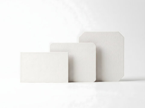 Blank white cards of varying shapes and sizes arranged in a composition