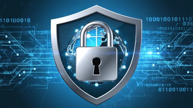 Metallic padlock on shield with glowing digital globe background