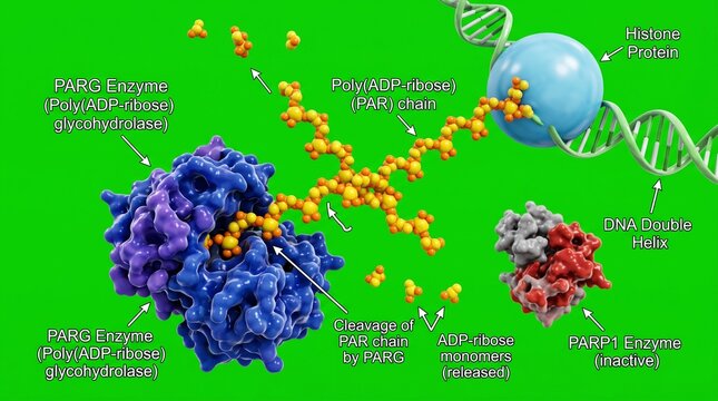 PARG enzyme degrading PAR chains in DNA damage repair mechanism