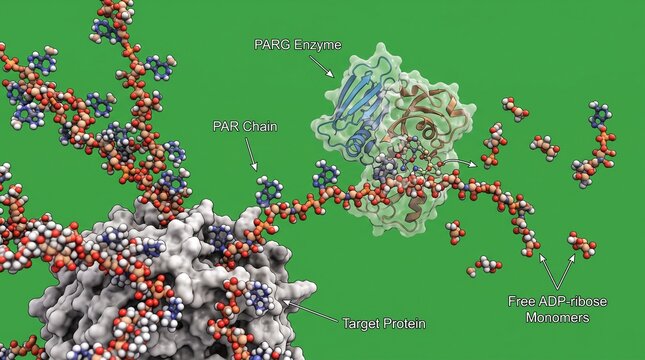 PARG enzyme degrading PAR chains in a molecular biology 3D scientific visualization