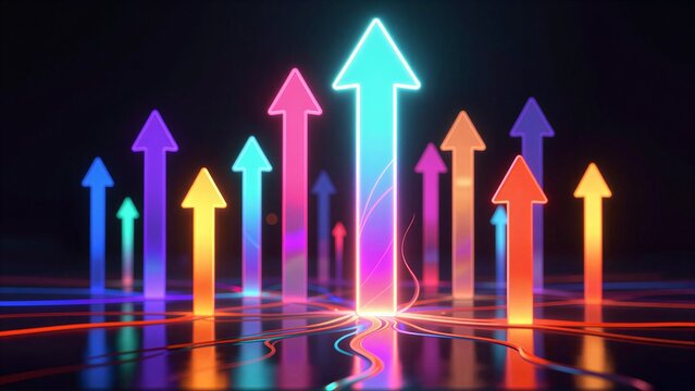 Vibrant neon arrows rise upward, symbolizing growth and progress in a glowing digital landscape.