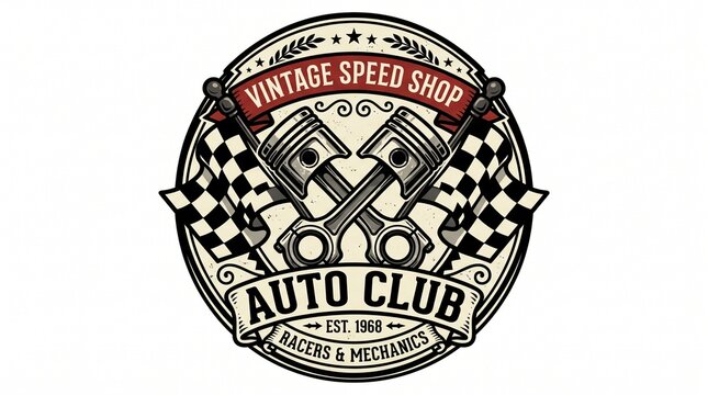 Vintage speed shop vector emblem crossed engine pistons checkered racing flags auto club badge design