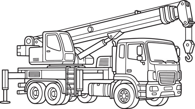 Black and white line coloring book page featuring a heavy-duty mobile crane truck with an extendable telescopic boom and lifting hook also transparent background