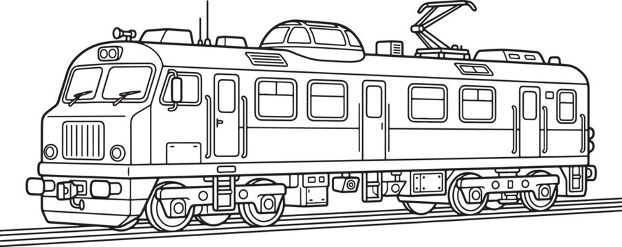 Black and white line coloring book page of an electric train locomotive with overhead pantograph operating on railway tracks also transparent background