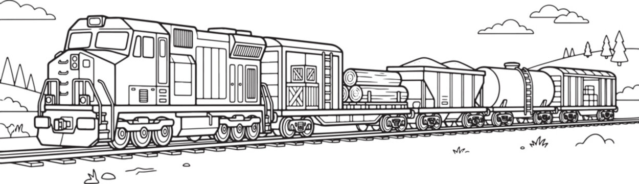 Freight train with diesel locomotive and various cargo cars including boxcars and tankers on railroad tracks also transparent background