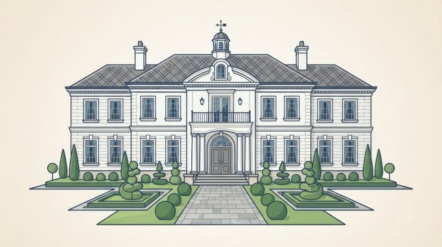 Line art illustration of a luxury mansion with a beautiful garden