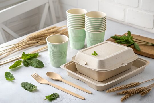 Eco friendly tableware set with paper cups and wooden cutlery on white surface